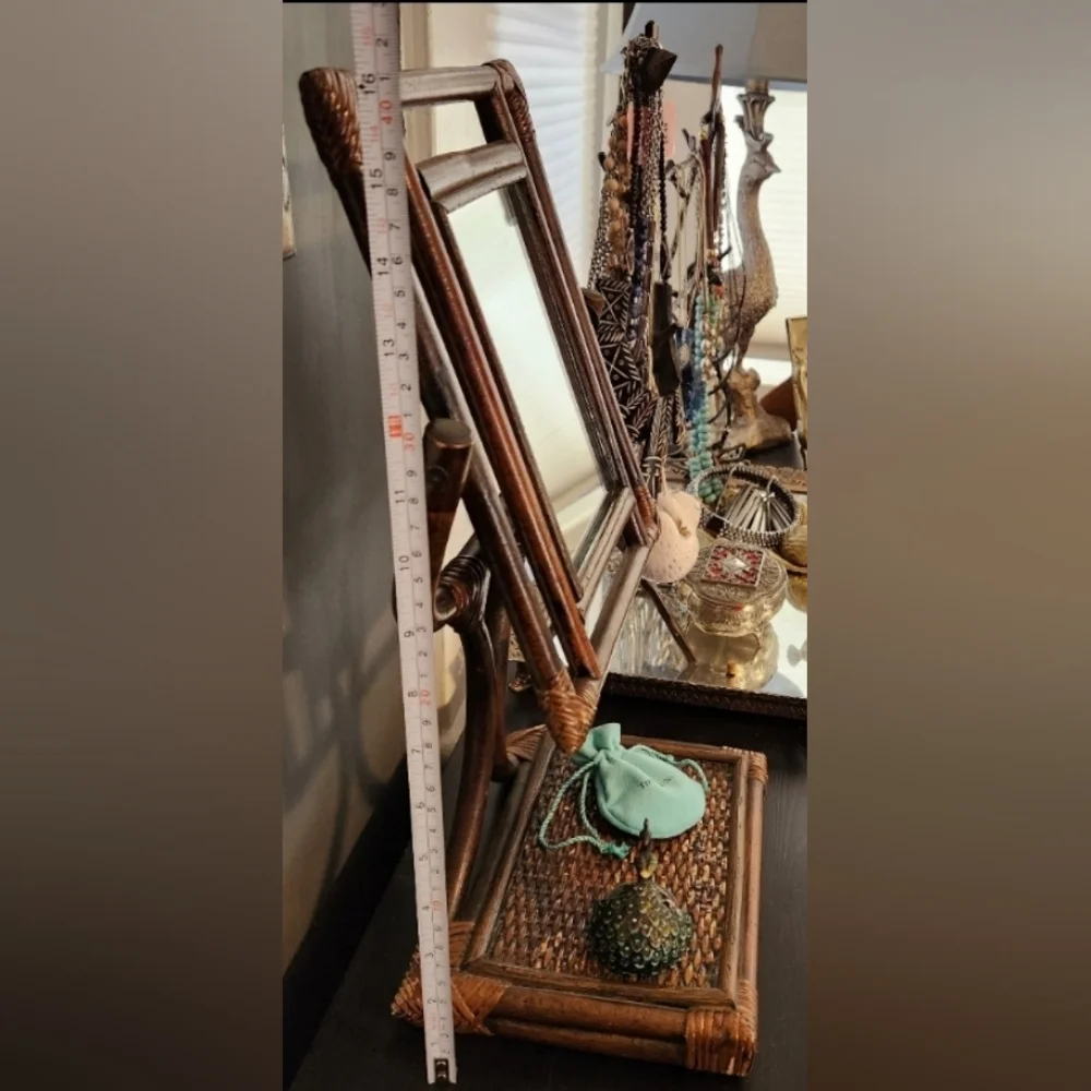 Vintage Bamboo Rattan Swinging Mirror w/ Vanity Tray
